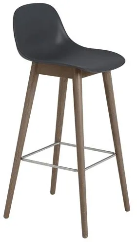 Muuto Fibre Bar Stool with Wooden Base and Backrest Black/Dark Brown H97.5 cm